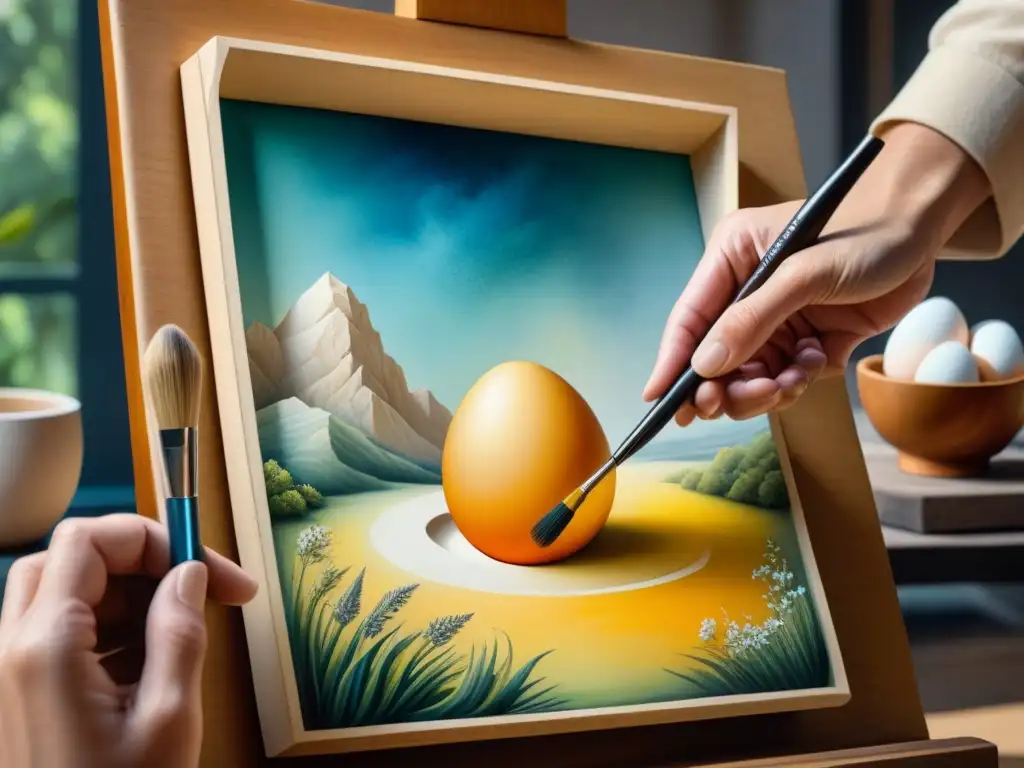 Detalle de artista reviviendo técnica Egg Tempera en panel de madera con pincel y colores vibrantes