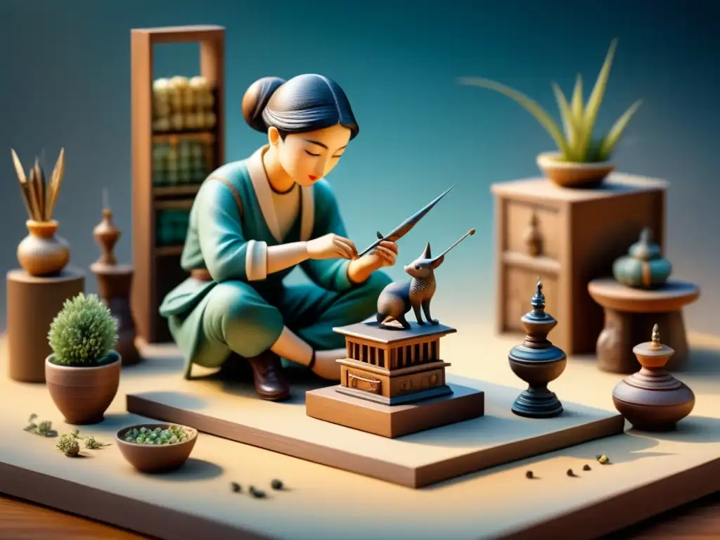 Detalle artístico: hábil artista esculpiendo técnicas esculturas miniatura pequeña escala