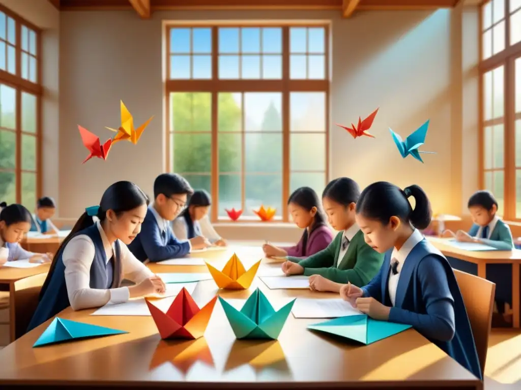 Detalle acuarela de aula tranquila con estudiantes haciendo origami en aula técnica