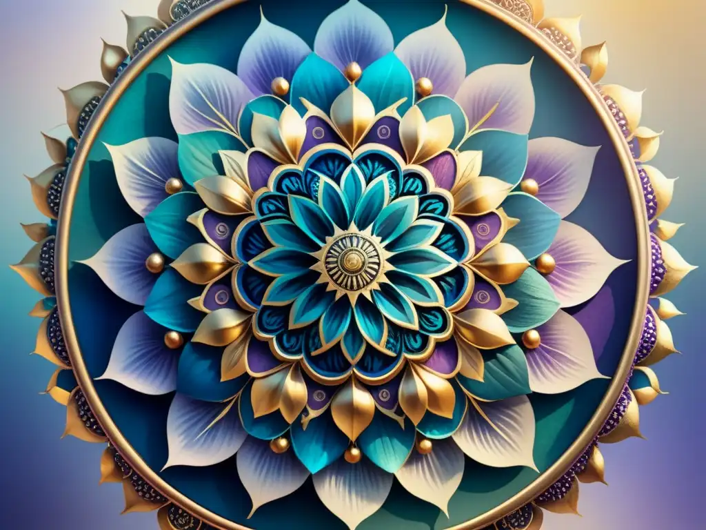 Detalle de mandala acuarela en azules, morados y verdes con toques dorados, creando armonía y equilibrio