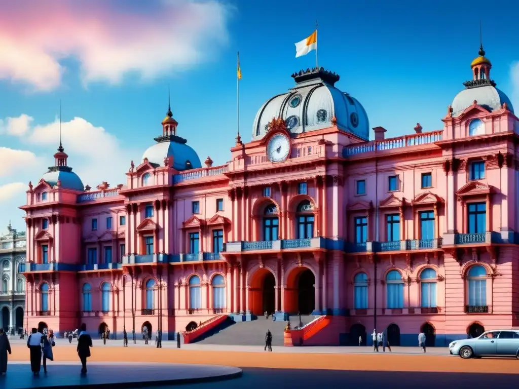 Detalle acuarela de la Casa Rosada en Buenos Aires, Argentina, reflejando su arquitectura y color rosa bajo cielo azul