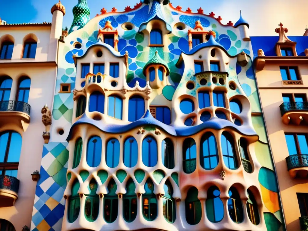 Detalle acuarela de la Casa Batlló de Gaudí resaltando su arquitectura modernista con colores vibrantes y formas orgánicas