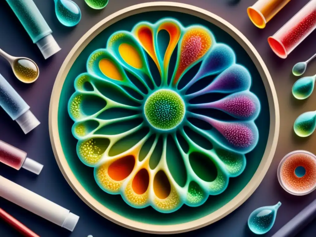 Detalle de células en petri dish, fusionando arte y ciencia en técnicas pioneras del Bioarte