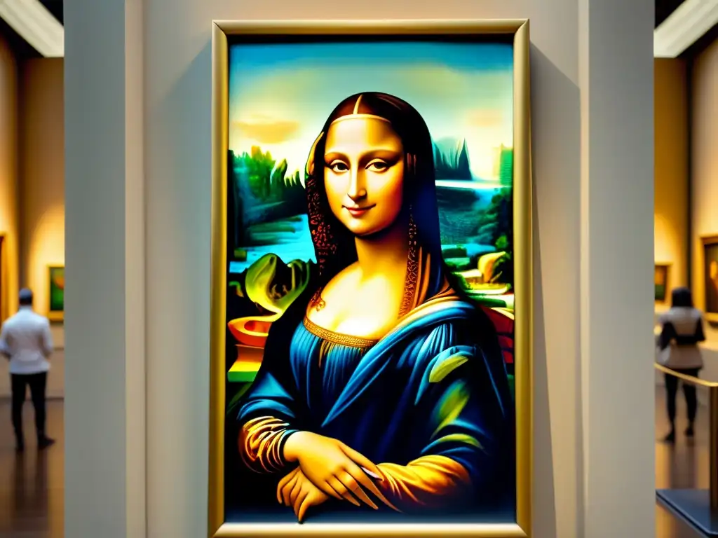 Detalle del cuadro 'La Mona Lisa' de Da Vinci en un majestuoso museo, mostrando su belleza atemporal