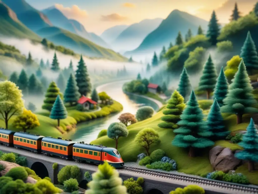 Detalle acuarela de un diorama de tren modelo, paisaje exuberante con río y tren encantador