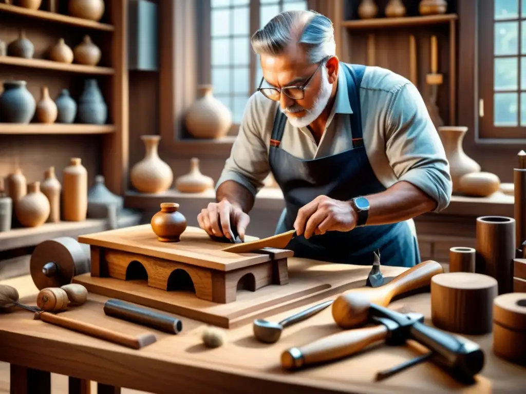 Detalle de escultor tallando una obra de arte en madera con herramientas, muestra técnica y pasión