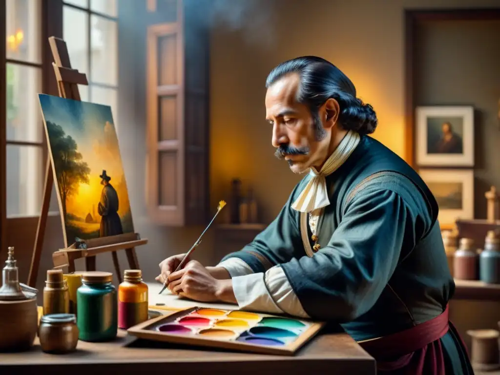 Diego Velázquez: Pasión Creativa en Acuarela Detalle acuarela de Velázquez en su estudio, inmerso en arte y pasión creativa