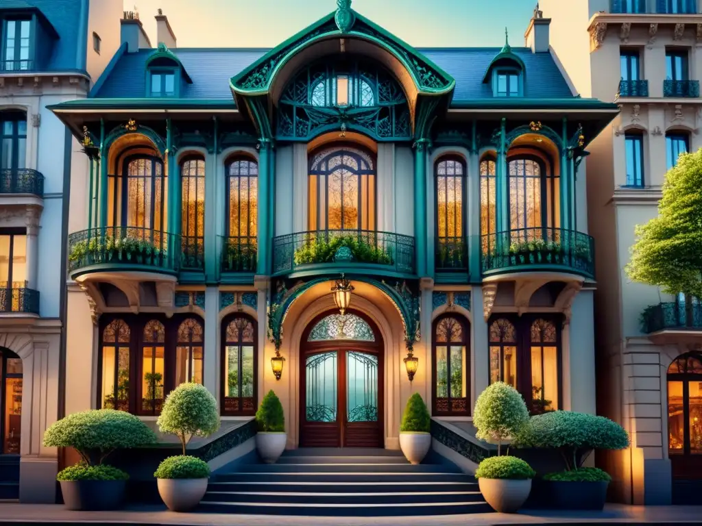 Detalle exquisito de entrada Art Nouveau parisina con hierro forjado, vitrales y elementos botánicos en armonía