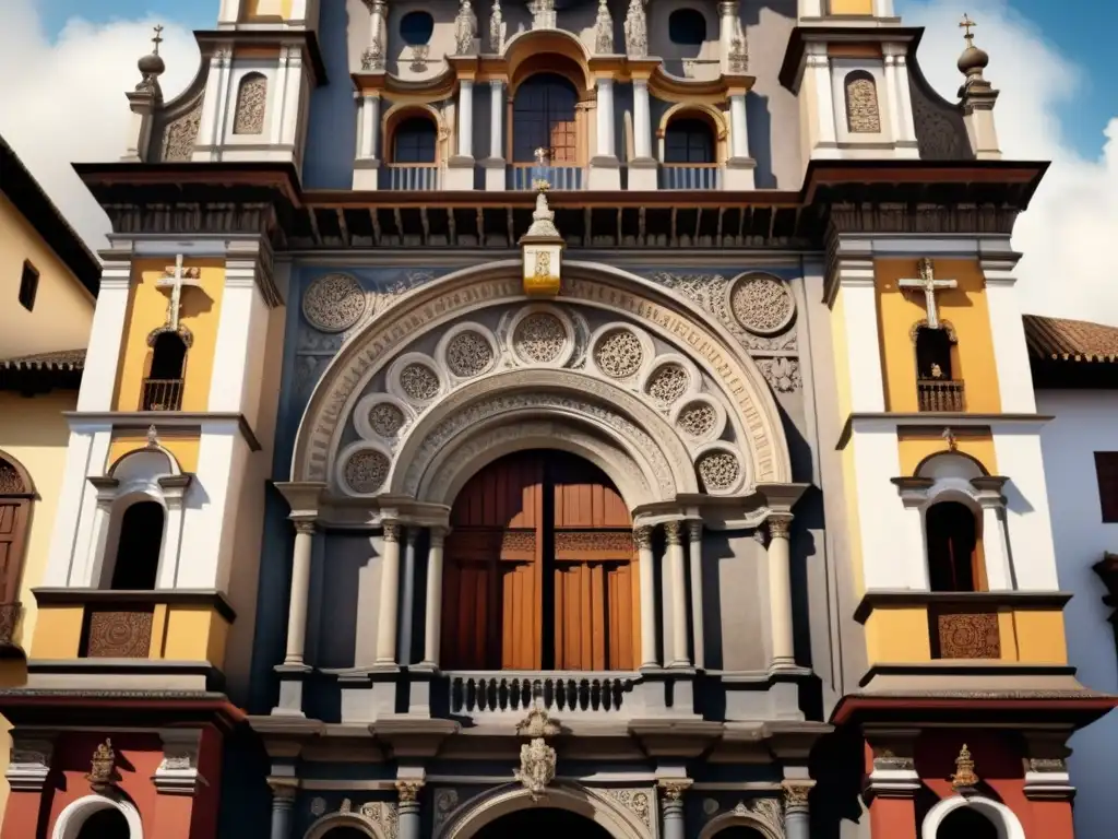 Detalle acuarela de la fachada barroca de la Iglesia de San Francisco en Quito, Ecuador