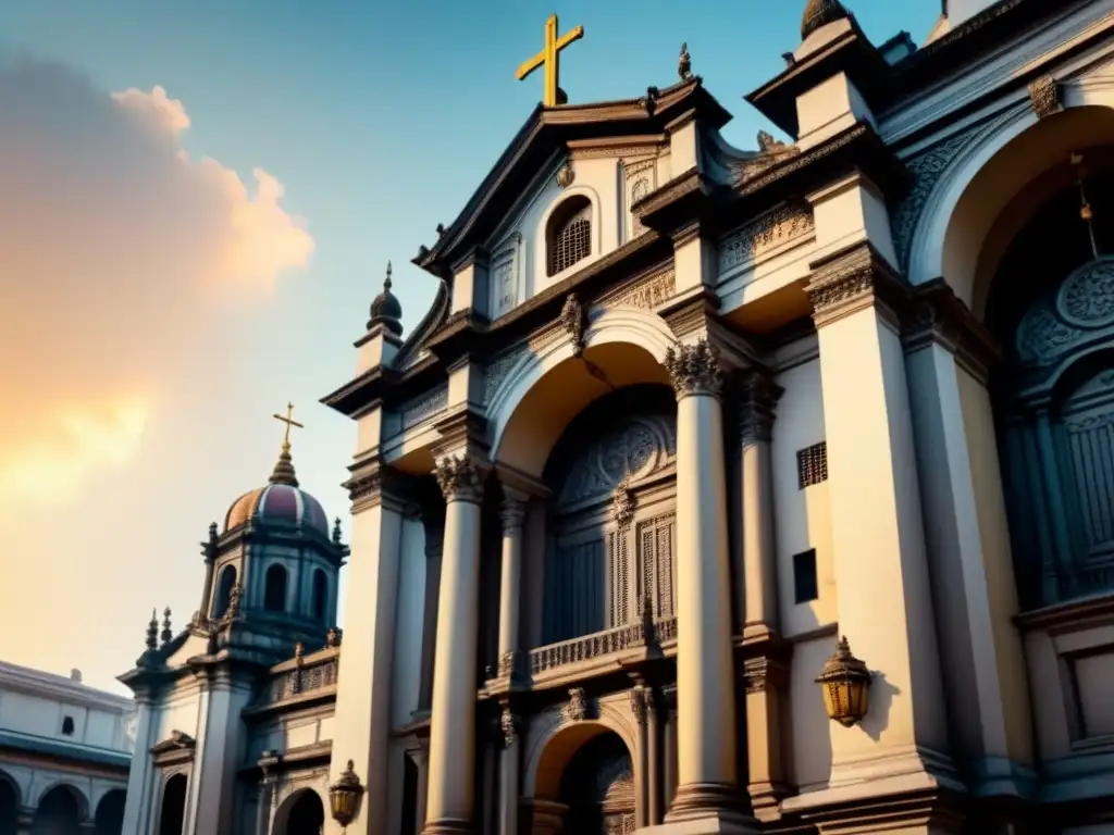 Detalle acuarela de la fachada de la Iglesia San Agustín en Manila, Filipinas, resaltando la arquitectura barroca técnicas constructivas