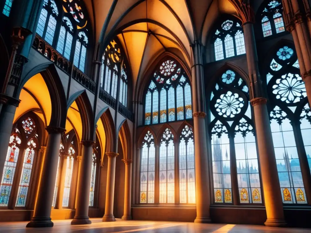 Detalle gótico de catedral: arcos apuntados, contrafuertes y vidrieras iluminadas por luz etérea