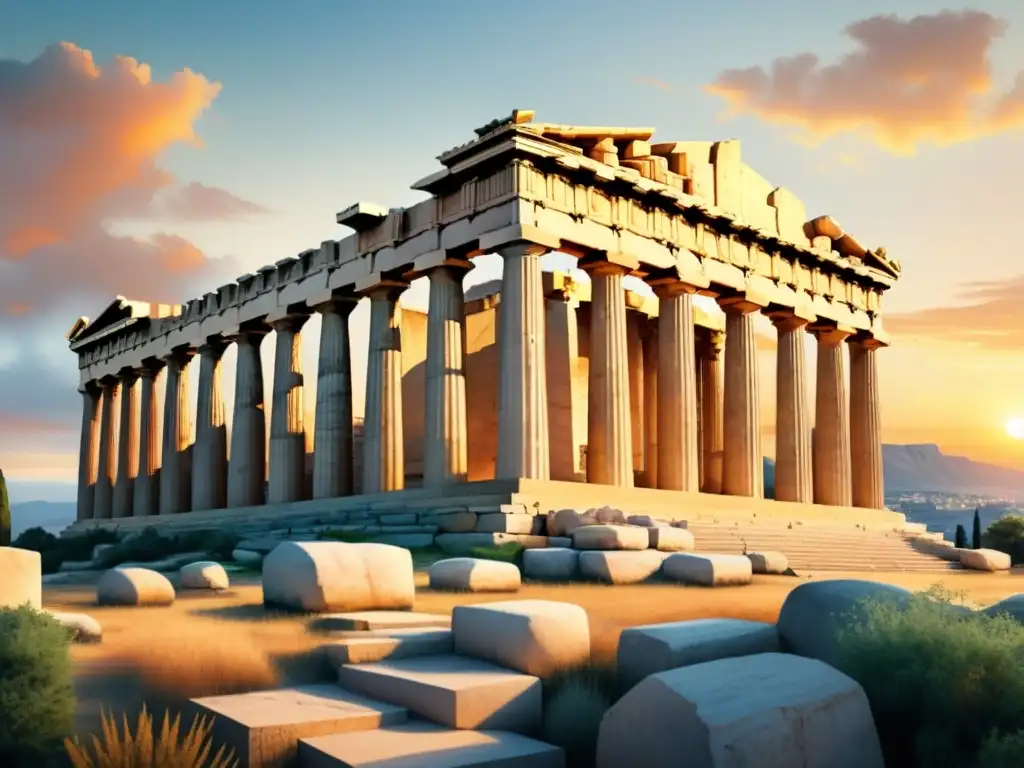 Detalle impresionante: Acuarela del majestuoso templo del Partenón en Atenas, Grecia, al atardecer mediterráneo