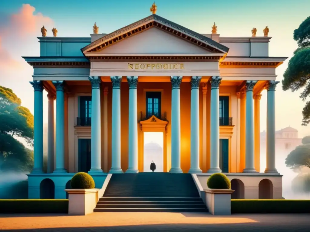 Detalle acuarela de majestuoso edificio neoclásico, con columnas, arcos y diseño simétrico