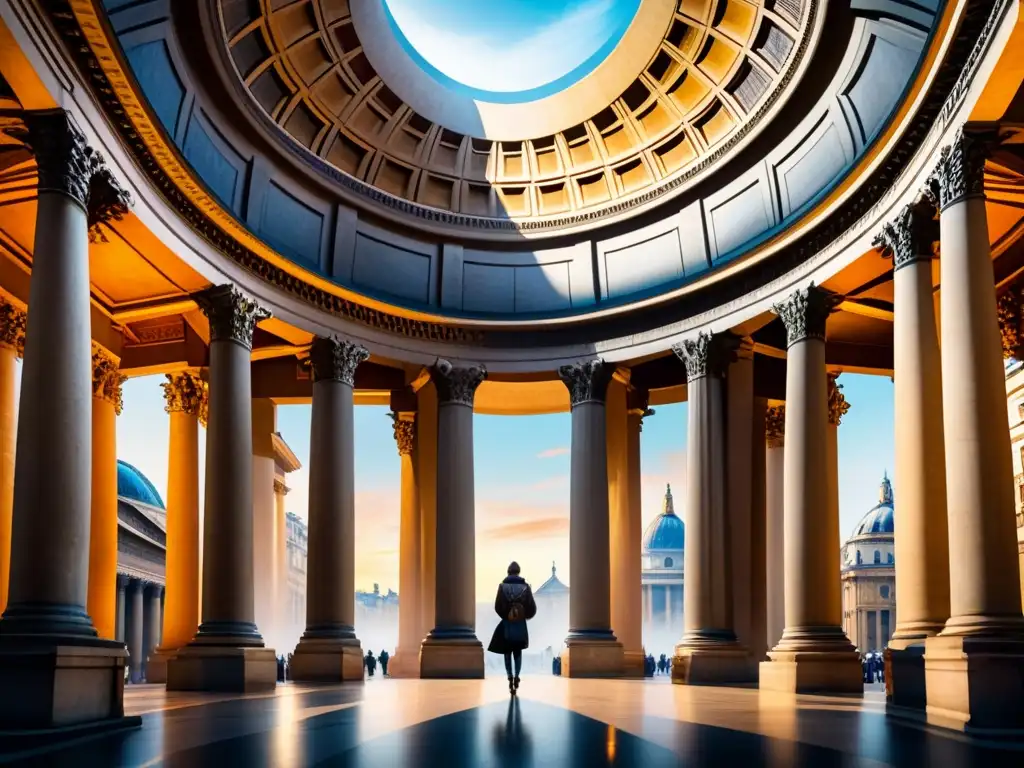 Detalle acuarela del majestuoso Pantheon de París, con sus columnas corintias y cúpula imponente, capturando la grandiosidad y belleza neoclásica