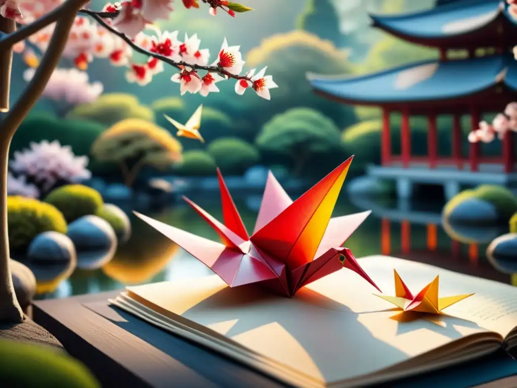 Detalle de origami: manos expertas doblan grulla roja y dorada en jardín japonés con cerezos en flor y estanque de koi al atardecer