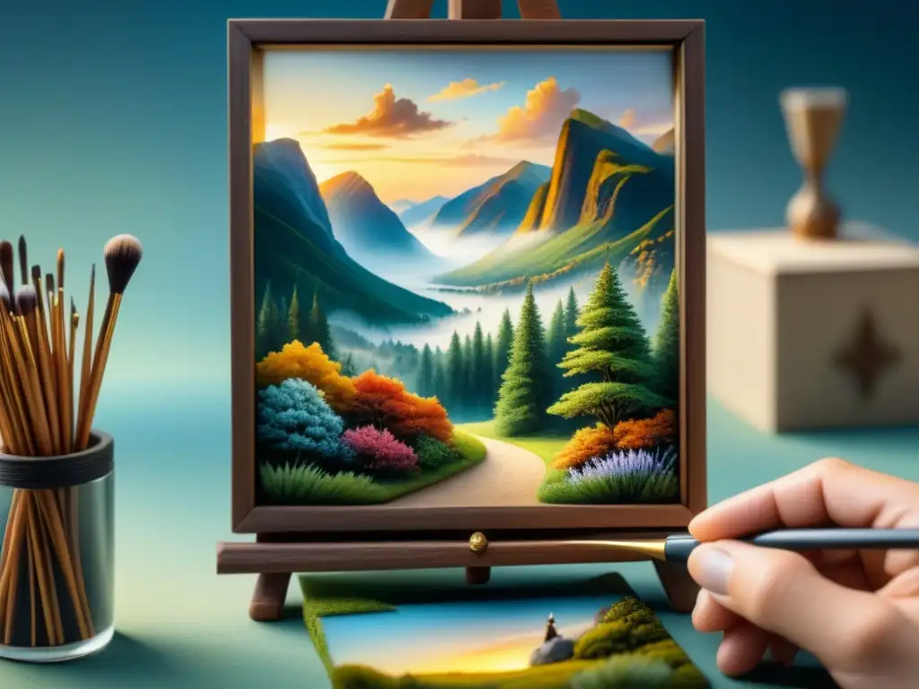 Detalle en miniaturas del arte: Pintura acuarela de artista que crea obra en mini lienzo con precisión y concentración