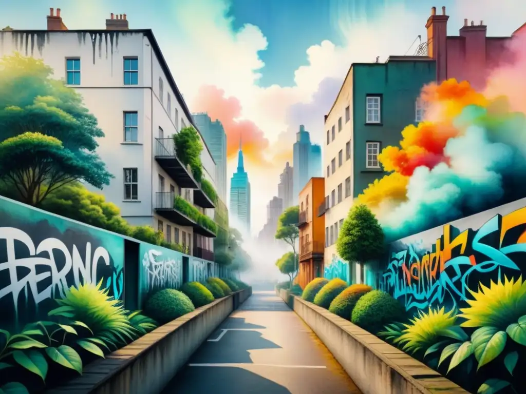 Detalle de una pintura acuarela que muestra la evolución del arte urbano en un mural vibrante de grafitis urbanos y naturaleza surrealista