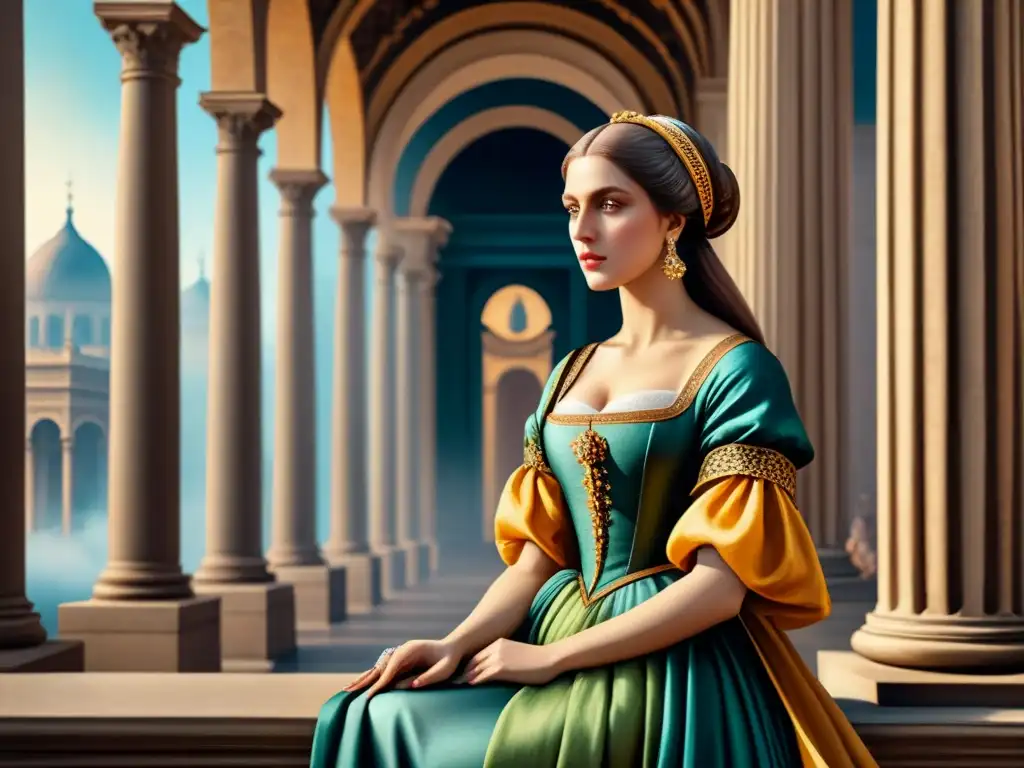 Detalle de una pintura renacentista con colores vibrantes, perspectiva y elementos clásicos como columnas y arcos