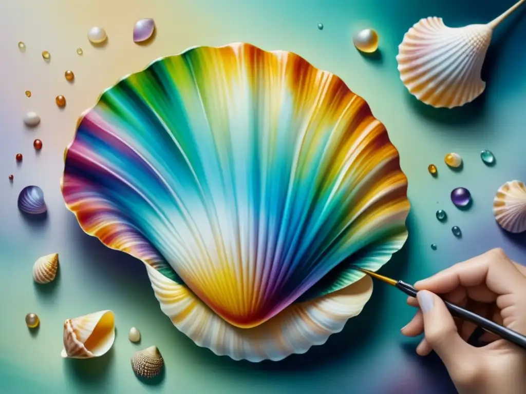 Detalle de pintura óleo en superficies inusuales: artista pinta con precisión una concha de mar, creando un juego de colores y texturas iridiscentes