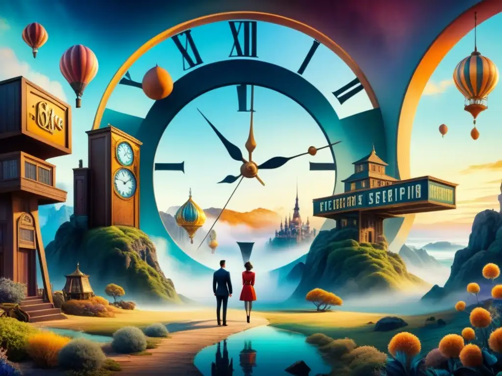 Detalle de pintura acuarela surrealista en cine con escenario onírico, relojes flotantes y paisajes derretidos