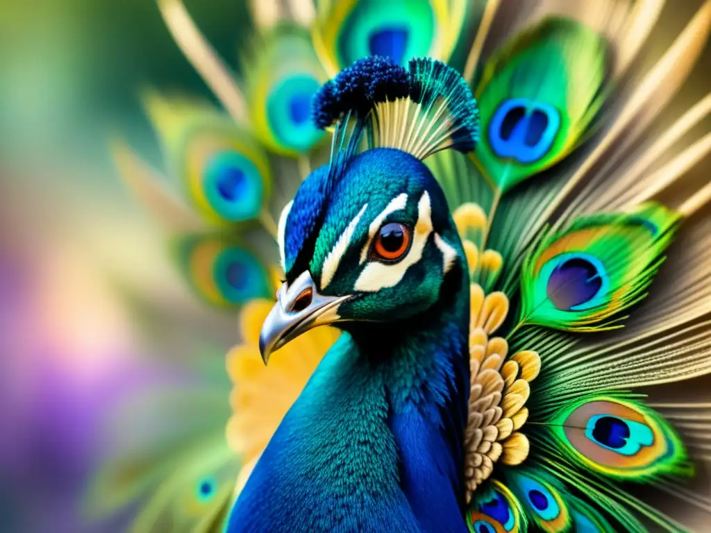 Detalle acuarela de una pluma de pavo real, con pigmentos y percepción visual arte en azules, verdes y morados vibrantes