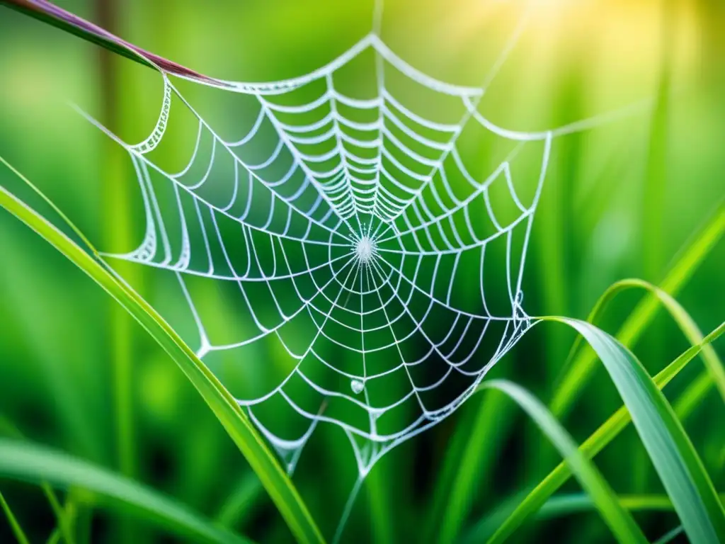 Detalle de una tela de araña cubierta de rocío entre briznas de hierba, capturando la belleza y complejidad de la naturaleza en macro