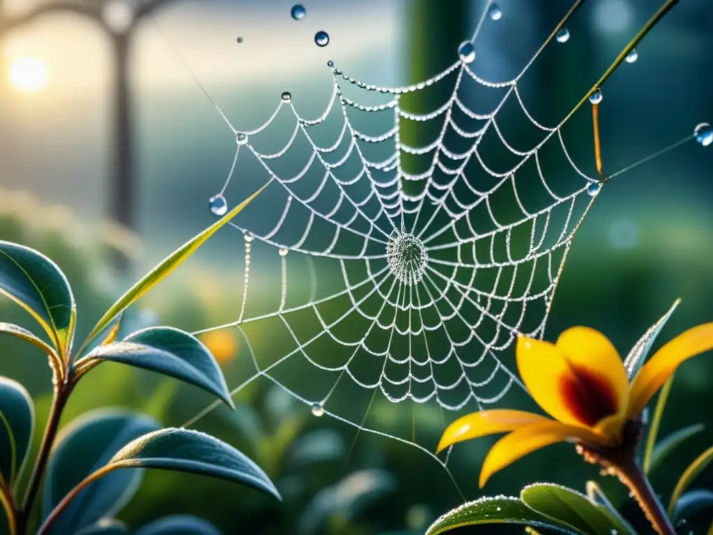 Detalle vibrante de una tela de araña con gotas de rocío, reflejando la belleza natural en una macrofotografía arte visual intersección cultural