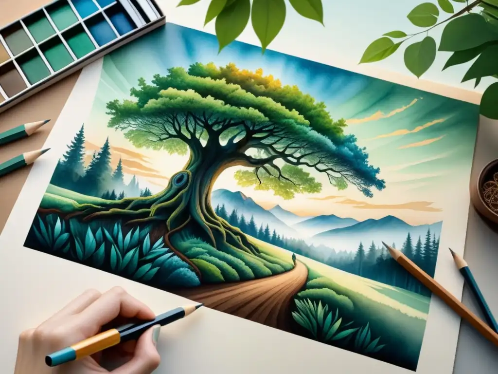 Un dibujo en acuarela de una mano trazando un árbol majestuoso con colores vibrantes, mostrando técnicas fundamentales dibujo desde cero