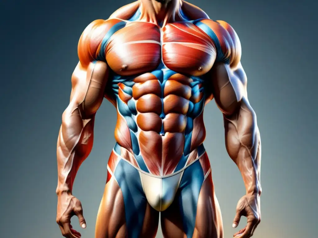 Pintura acuarela detallada: anatomía muscular humana en pose dinámica Dibujo detallado de anatomía humana realista con énfasis en musculatura y tendones