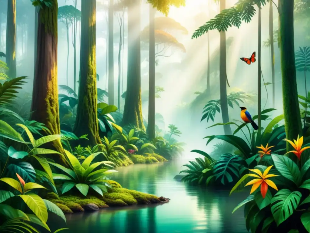 Una ilustración digital temática ecológica de una exuberante selva vibrante, llena de vida y colorida biodiversidad