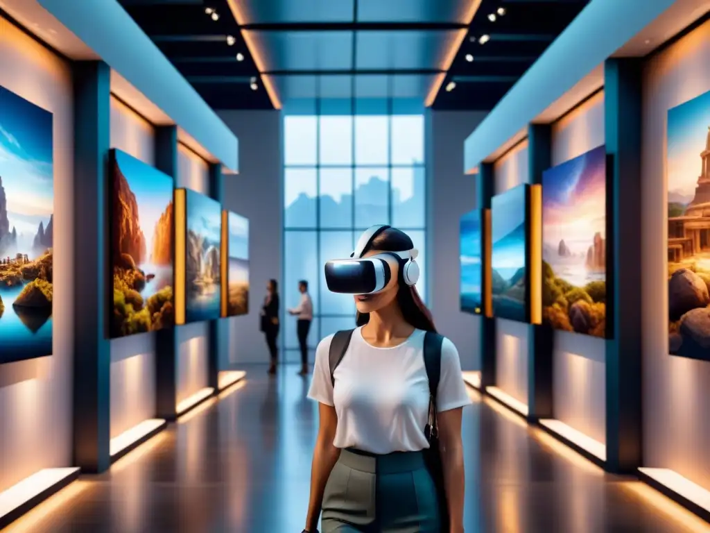 Descubre la transformación digital de los museos en realidad virtual con visitantes explorando exposiciones vibrantes