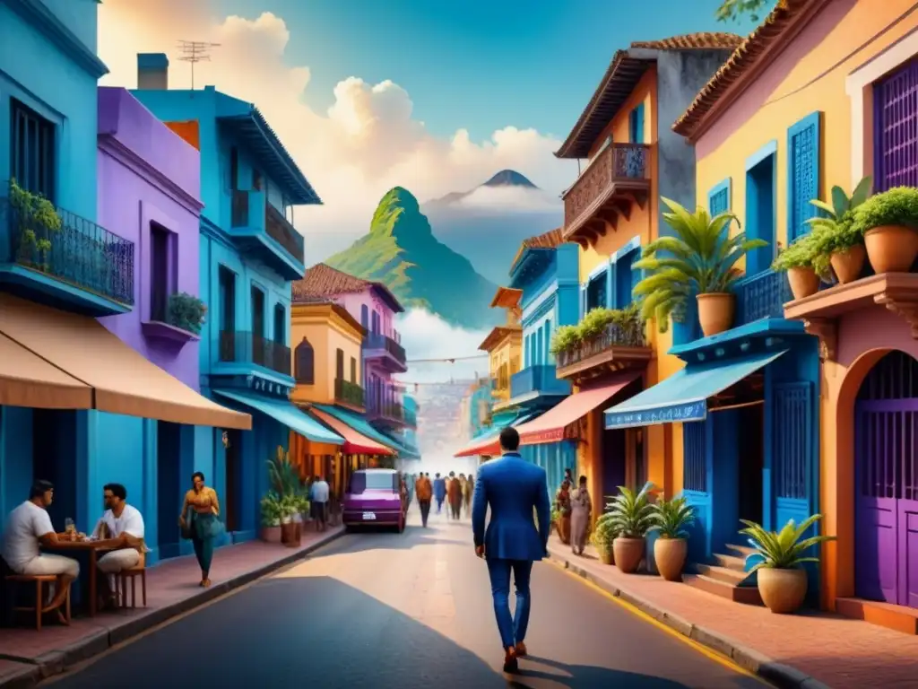 Una dinámica ciudad latinoamericana en acuarela detallada, reflejando la influencia política en el arte contemporáneo