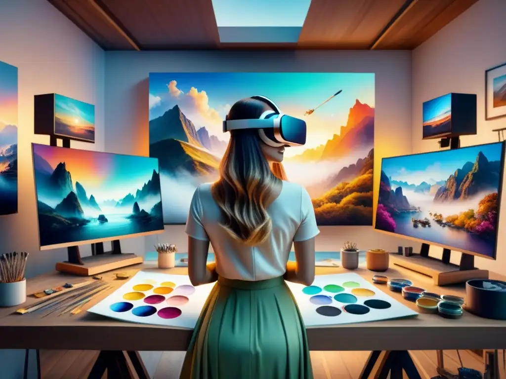 La dualidad del arte tradicional y la realidad virtual, plasmada en una pintura acuarela intrincada