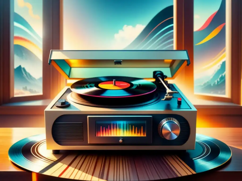 Un ecléctico tocadiscos vintage con un vinilo girando, fusionando géneros musicales bajo la luz del sol