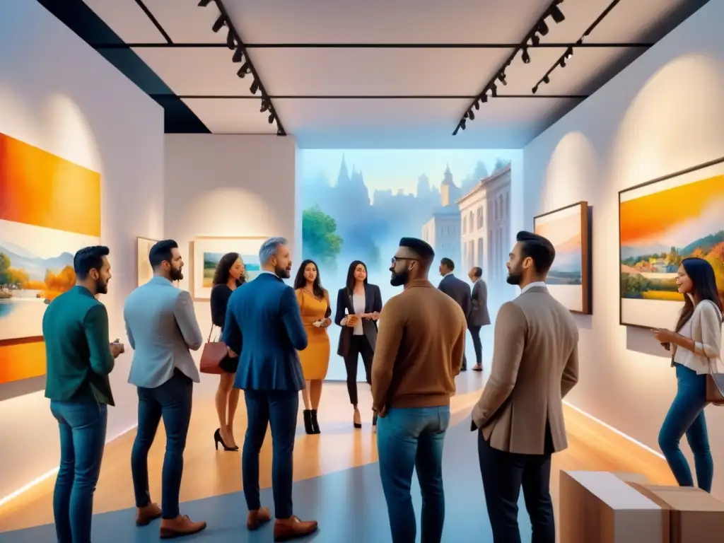 Networking efectivo en el arte: Grupo diverso de artistas en animada convivencia en una galería de arte, rodeados de color y obras