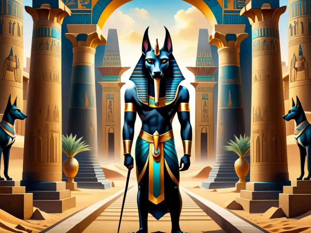 Anubis, dios egipcio de la muerte, destaca en un templo con iconografía y paisaje desértico