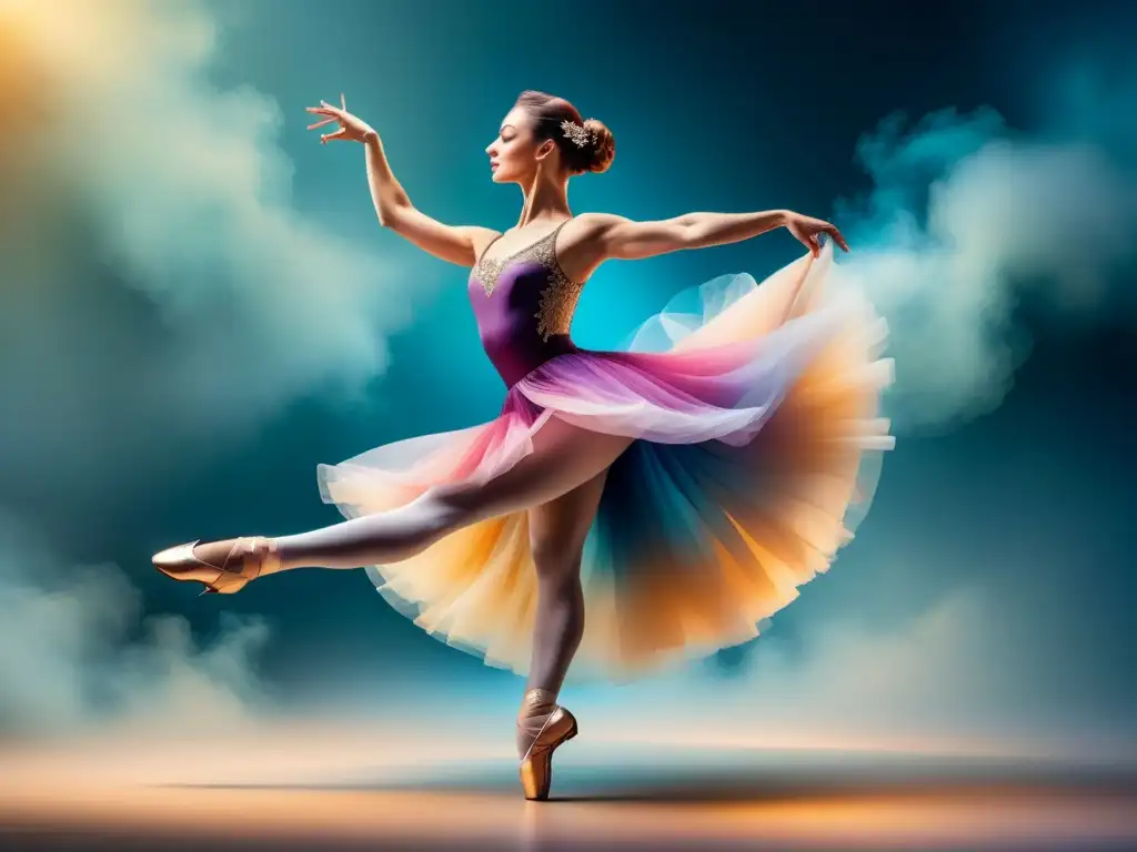 Elegante bailarina de ballet en un salto dinámico, con movimientos fluidos y detalles delicados, representando el arte visual danza cuerpo movimiento