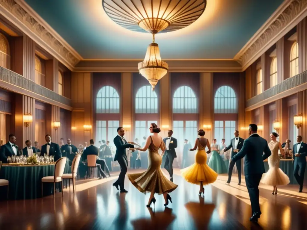 Elegante salón de baile Art Deco con detalles geométricos, lámparas suntuosas y elegantes invitados bailando al ritmo del jazz