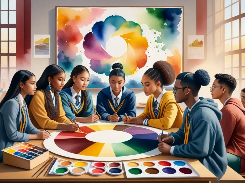 Diversidad cultural en acuarela: estudiantes pintando juntos Una emocionante clase de arte donde estudiantes pintan símbolos culturales en un lienzo, celebrando la enseñanza de técnicas de pintura