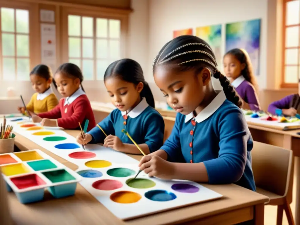 Un emocionante taller de arte visual en educación primaria con niños diversos creando juntos en una explosión de colores