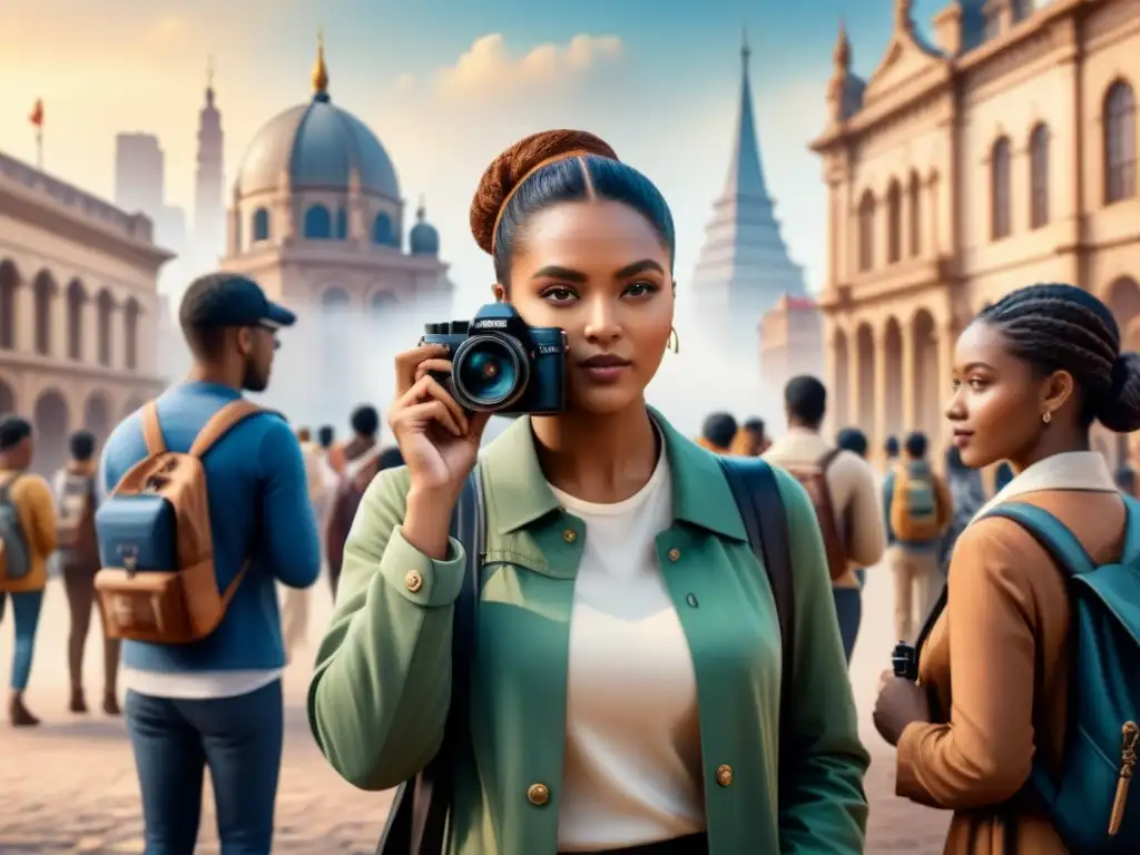 Un emocionante taller de fotografía educativa, donde estudiantes de diversas edades y orígenes capturan la historia y sociedad a través de sus lentes en la bulliciosa ciudad