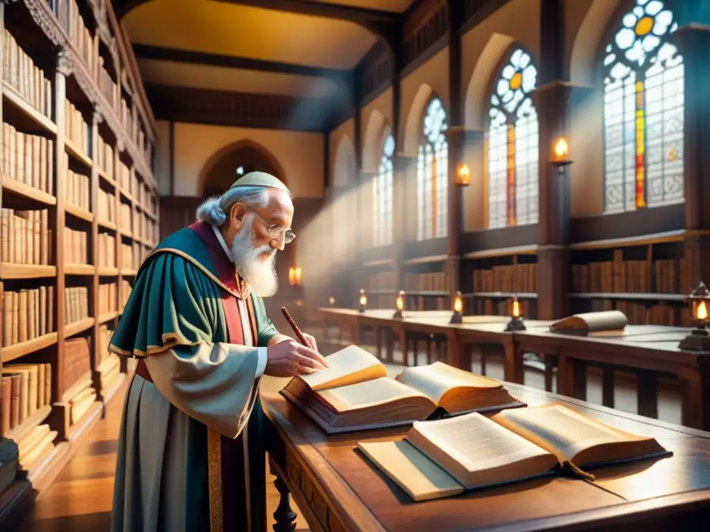 Emotiva representación en acuarela de una antigua biblioteca, donde un sabio examina un manuscrito bajo la luz cálida de una lámpara de bronce