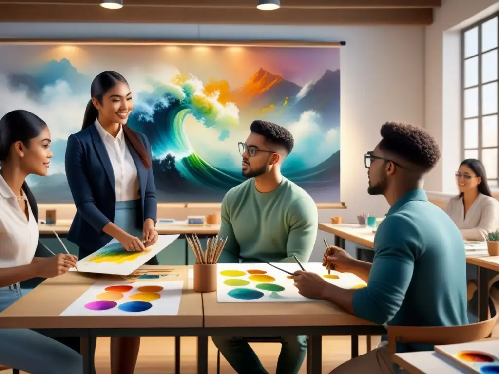Clase de pintura innovadora: diversidad y creatividad en secundaria Emotiva clase de pintura en secundaria: alumnos diversos aprenden técnicas creativas
