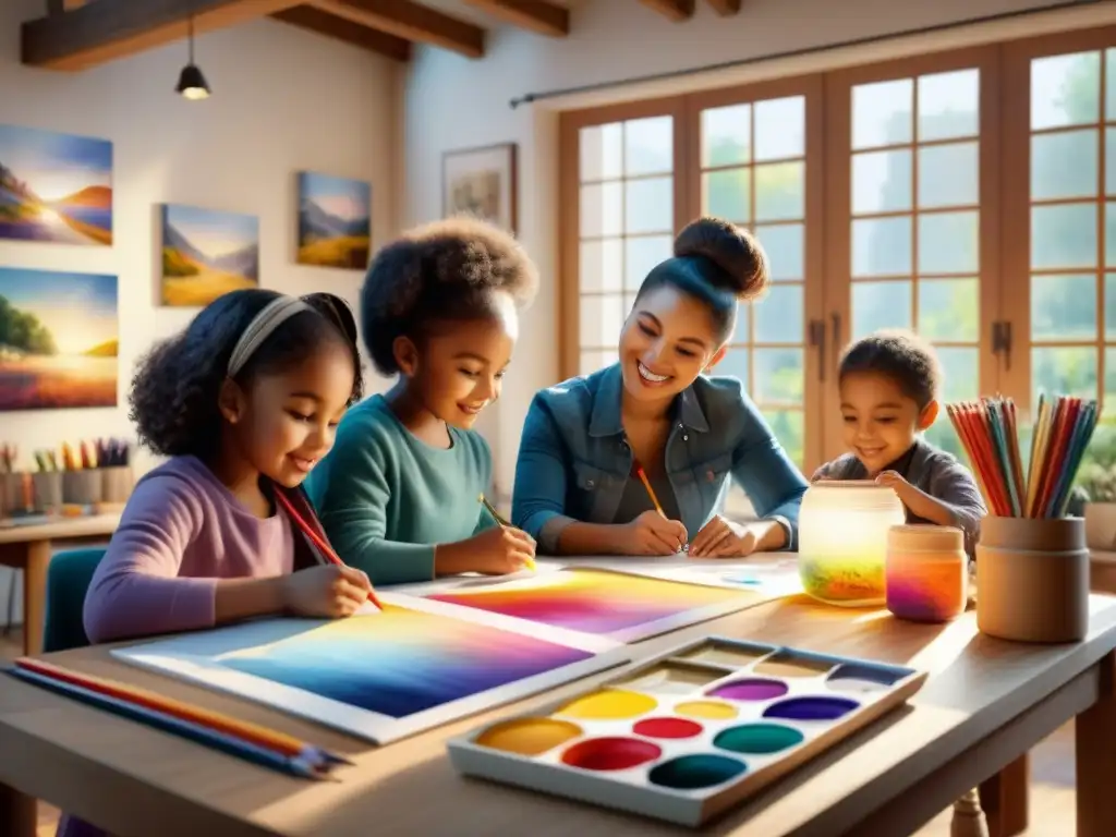 Una emotiva escena de niños de diversas etnias dibujando juntos en un estudio de arte soleado, resaltando la importancia del dibujo infantil