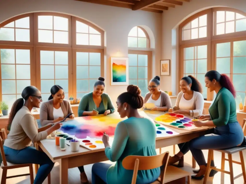 Un emotivo retrato de Arte comunitario liderado por mujeres, donde diversas artistas colaboran y crean juntas en un espacio lleno de luz y color