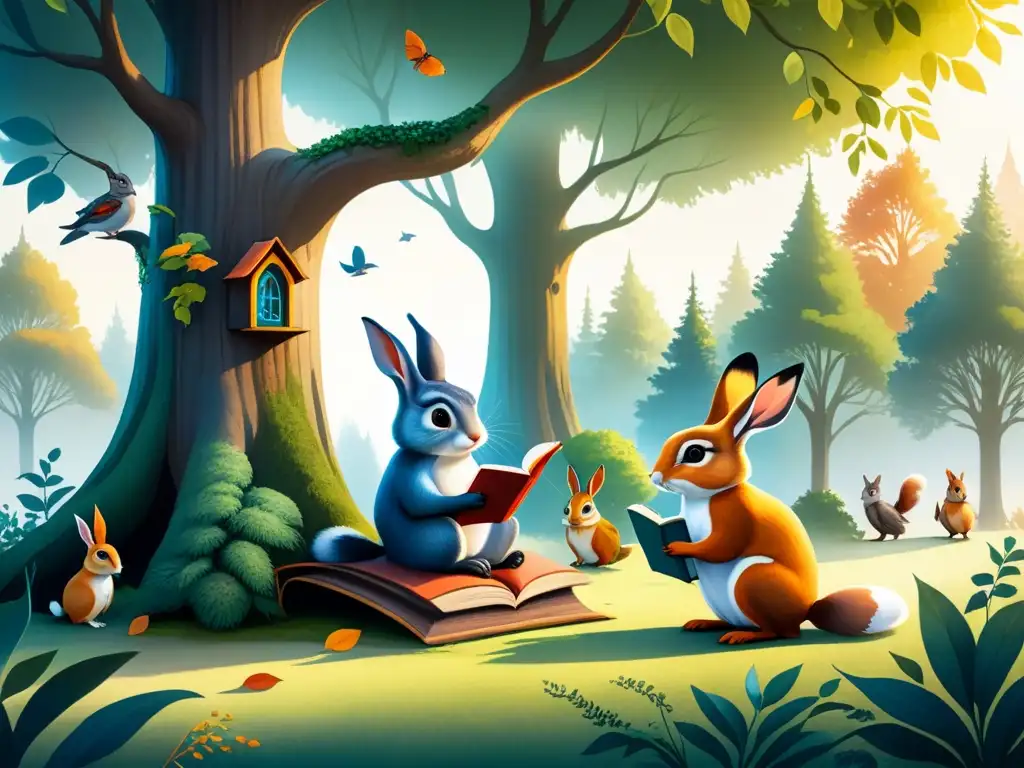 Encantadora ilustración de libros infantiles técnicas con animales en un bosque mágico