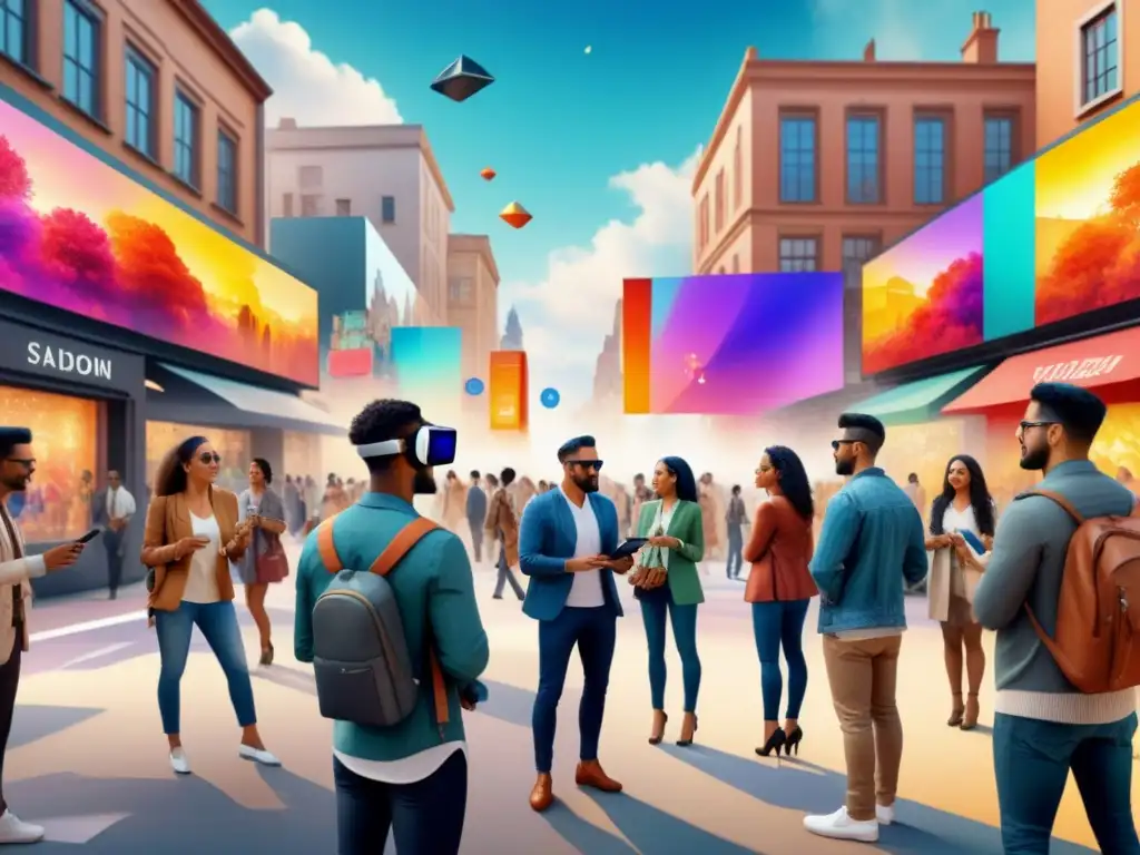 Encuentros culturales con Realidad Aumentada: Personas diversas interactúan con arte digital en una plaza urbana vibrante