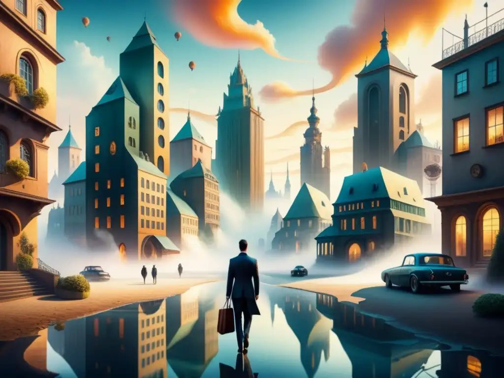 Cityscape surrealista en acuarela: sombras alargadas y figuras difusas Enigmática ciudad surrealista con edificios retorcidos y figuras difusas, bañada en luz etérea