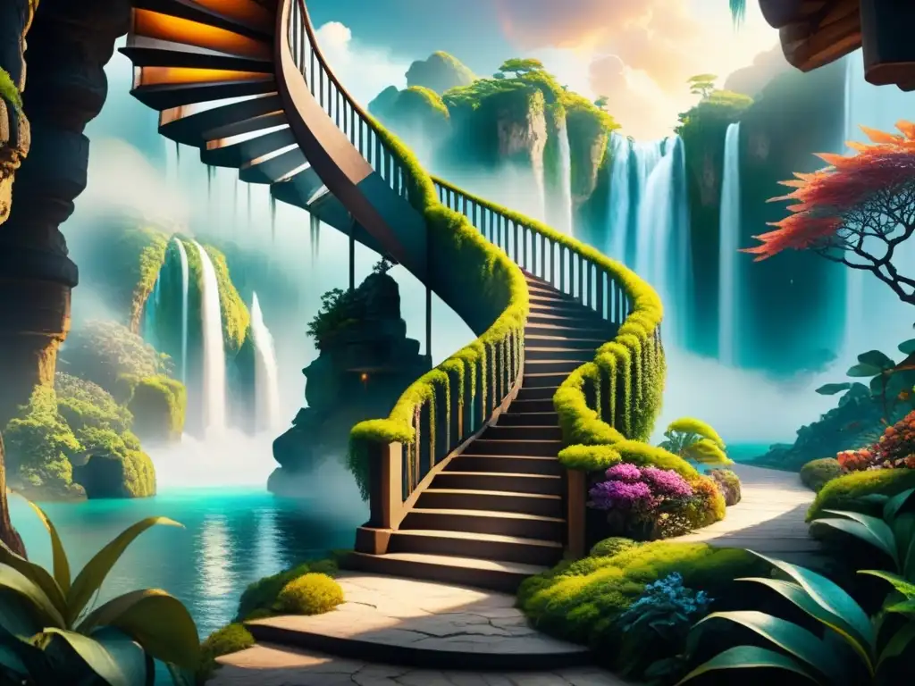 Escalera espiral en paisaje surrealista con islas flotantes y criaturas coloridas