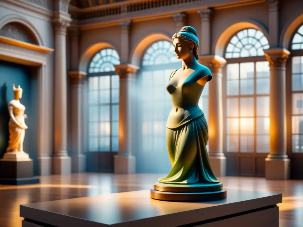 Escaneo 3D arte precisión digital: Escena serena de un escáner capturando detalles de una estatua en un elegante museo